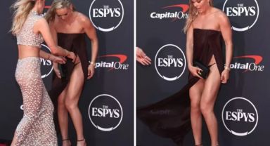 Ünlü kayakçı, kırmızı halıda poz verdiği sırada kıyafet kazası yaşadı